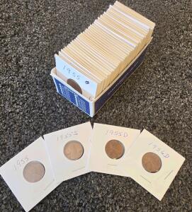Lincoln Wheat Cent Penny Collection &ndash; 1936D, 1955, 1955D, 1955S, 1956D, approx. 60 coins, USA