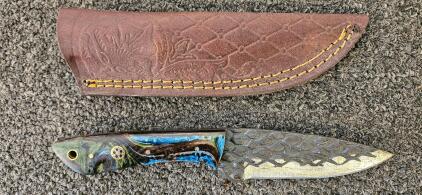 Custom Fixed Blade Knife with 4" Drop Point Blade, Resin/Wood Hybrid Handle, Leather Sheath