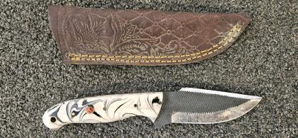 Custom Fixed Blade Hunting Knife 4.5" Blade, White Swirl Handle, Tooled Leather Sheath