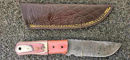 Damascus Pattern Full Tang 9" Fixed-Blade Knife, Multicolor Wood Handle, Leather Sheath