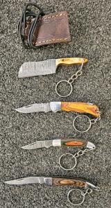 Miniature Damascus Steel Keychain Knife Set &ndash; Wood Handles, 3 Folding + 1 Fixed Blade, Sheath