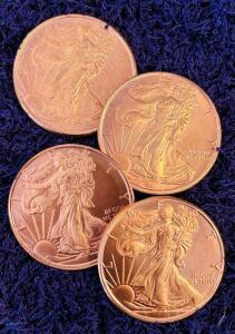 4x 1 oz .999 Fine Copper Walking Liberty Replica Rounds, Walking Liberty & Eagle Design