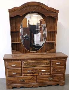 Traditional 8-Drawer Dresser with Hutch, Mirror, Shelving, Carved Detail, , Brown