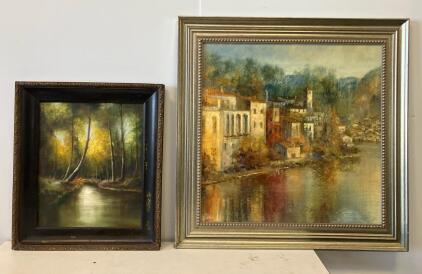 Framed Oil Paintings: Signed Lenga Cityscape & Unsigned Forest Landscape