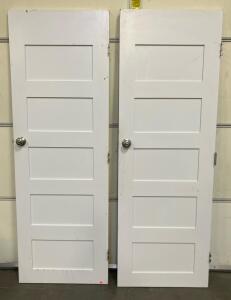 Pair of 5-Panel White Interior Wood Doors, 80"x28", Privacy Lock, Hinges Included