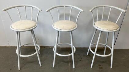 Set of 3 White Metal Bar Stools, Spindle Back, Upholstered Seat, 30" Seat Height, Circular Footrest