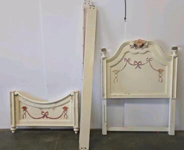 Antique White Twin Bed Frame with Ornate Floral Appliqu&eacute;s and Turned Finials