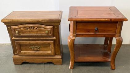 Pair of Wood Nightstands: 2-Drawer Oak, 1-Drawer Pine with Shelf, Traditional & Country Styles