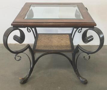 Ornate Wrought Iron End Table with Glass Top and Lower Shelf