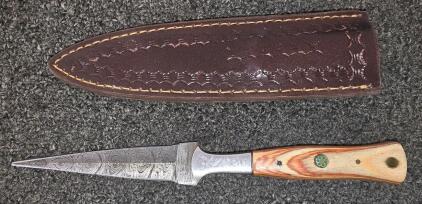 Damascus Steel Fixed-Blade Knife, 7&rdquo; Blade, Wood Handle, Leather Sheath, Mosaic Pin