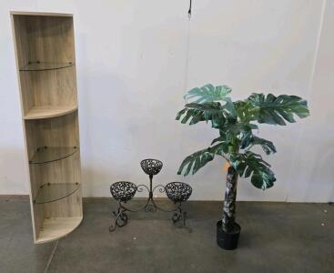 Corner Glass Shelf Unit, Ornate Triple Iron Plant Stand, and 55" Faux Monstera Plant