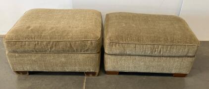 Set of 2 Upholstered Ottomans, Light Brown Fabric, Wooden Legs