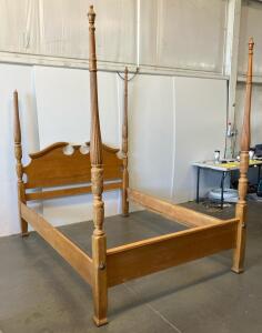Queen Four-Poster Bed Frame, Solid Hardwood, Carved Posts, Late 20th Century