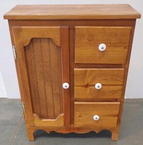 Small Solid Wood 3-Drawer 1-Door Storage Cabinet, Medium Brown Finish, 34" Tall, Paneled Door