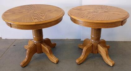 Pair of Round Solid Oak Pedestal End Tables with Decorative Beading