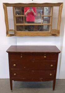 Vintage Wall Mirror with Shelves, Wood Frame, 44"x28", and Antique 4-Drawer Dresser, 40"x34"