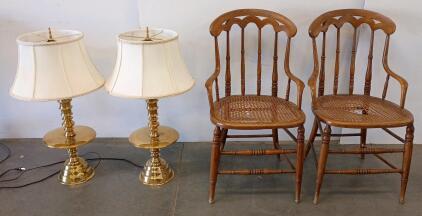 Pair Colonial Spindle Armchairs with Cane Seats & Pair Brass Tray Table Lamps, 1970s-1980s
