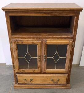 Wooden Display Cabinet/TV Stand with Leaded Glass Doors, Drawer Storage, Made in USA