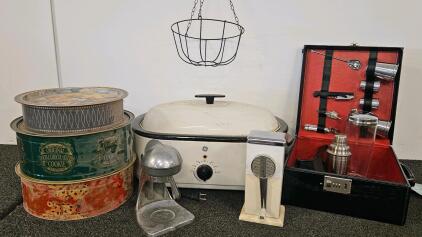 Vintage GE Electric Roaster 18 Qt (tested, works), Ice-O-Mat Crusher, Manual Juicer, Bar Kit, 3 Cookie Tins, Basket