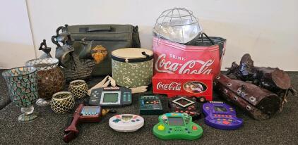 Mixed Lot Vintage Electronic Games, Coca-Cola Collectibles, Mosaic Glass Candle Holders, USMC Bag