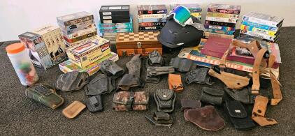 Smith helmet MD 55-59cm,, several holsters (including kydex, leather), 40+ VHS tapes, board games and travel chess sets