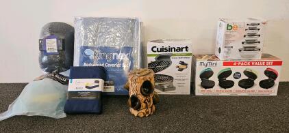 MyMini Appliance 4-Pack (tested, works), Cuisinart Waffle Maker (new), Kingnex Bedding, Glass Bowls, PPE, Candle Holder