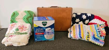 Vintage Samsonite Streamlite Hard Shell Suitcase, Brown/Tan, 21.5" x 13" x 8", Vicks humidifier (new or like-new; tested, works), multiple crocheted blankets including large American Flag, towel set with crocheted pink flowers