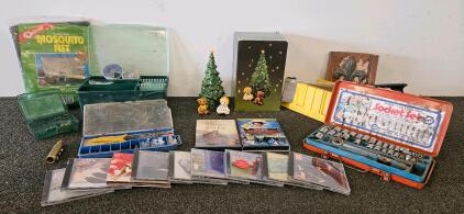 Mixed Lot of Christian, Classical, and Holiday Music CDs plus Two Movie DVDs. Plano tackle box with miscellaneous tackle, vintage socket set, wire stripper, hand saw and more