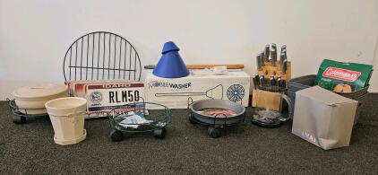 Magnetic knife block set, Coleman toaster, three wheeled plant stands, mobile washer (new), Teavana tea maker, and more