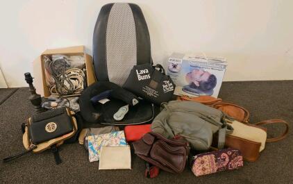 Mixed Lot: Massagers (HoMedics SM-100, Seat) (tested, works), Lava Buns Cushion, Power Cords, Coach & Other Bags