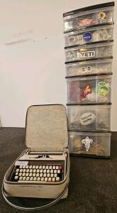 Brother Wizard Automatic Manual Portable Typewriter, Circa 1961, Serial No. M9415854. Large 7-Drawer Craft Organizer with Assorted Beads, Yarn, String, Tools, & Jewelry Supplies.