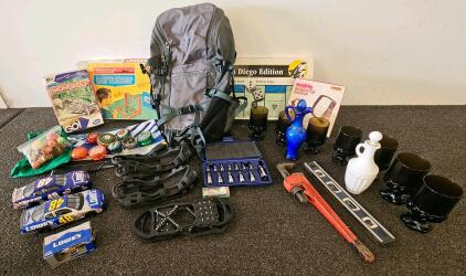 Vintage Games, NASCAR Cars, Tools, Kings Crown Glasses, Backpack, Yo-Yos Lot
