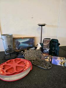 Large Household Lot: Cast Iron & Silicone Bakeware, Art, Books, Wine Tote & D&eacute;cor