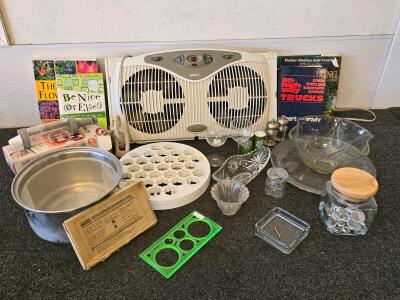 Mixed Lot: Holmes Dual Blade Window Fan, Cookbooks, Glass Kitchenware, Military Ration, More
