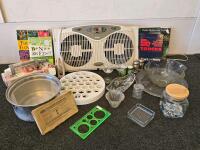 Mixed Lot: Holmes Dual Blade Window Fan, Cookbooks, Glass Kitchenware, Military Ration, More