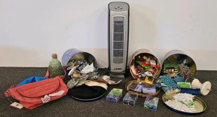 Lasko 5160 Ceramic Tower Heater, 1500W, Black/Silver, Oscillating, 8-Hour Timer (tested, works). Large lot of craft supplies and three decorative tins (G)