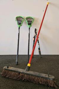 Pair of STX AVID Lacrosse Sticks Green Mesh Heads, Fiskars Anvil Loppers, 24" Push Broom