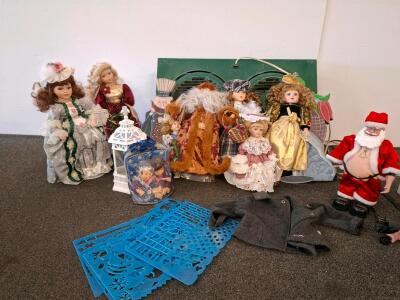 Victorian and Holiday Porcelain Doll Collection Lot, 8+ Dolls, Santa Claus, Ornamental Accessories, large double shop fan. ( powered on )