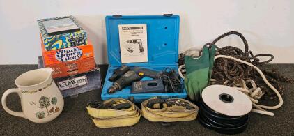 Mixed Lot&mdash;Board Games, Bosch Cordless Drill Kit, Utility Straps, and Ceramic Pitcher (charger lights up, batteries may need replaced)