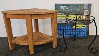 Corner Wooden Table, Metal Plant Stand, and PF Purafilter 2000 Air Filter