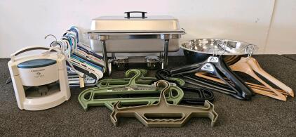 Full-Size 8 Qt Stainless Steel Chafing Dish with Lid, Pan, Stand, and Dual Fuel Holders, Black & Decker Lids Off (tested, works), Tuff hangers, 20 quart mixing bowl, and more