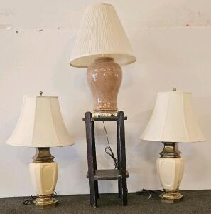Set of 3 Large Table Lamps (2 Cream/Brass, 1 Brown Ceramic) with Wooden Plant or Lamp Stand (all tested and work) (G)