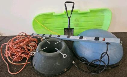 Mixed Utility Lot: Extension Cord, Sled, Tree Stand, Shovel, Balance Trainer, Power Strip