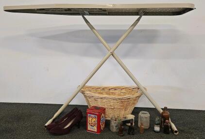 Burgundy Suede Women's Pumps, Approx. 2.5"&ndash;3" Heel, Size 9.5, vintage metal ironing board, small vintage bottles, Nestl&eacute; container, wicker basket and more