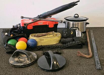 Coleman Toolbox, Crock-Pot Slow Cooker (tested, works), Everlast Boxing Gloves, Bocce, Tools & More Lot