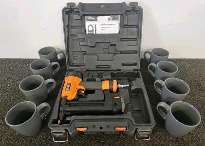 RIDGID R150FSA 18-Gauge Pneumatic Finish Stapler, 3/8"&ndash;1-1/2" Staples, Case & Manual, AW072082194. Set of 8 grey coffee cups included