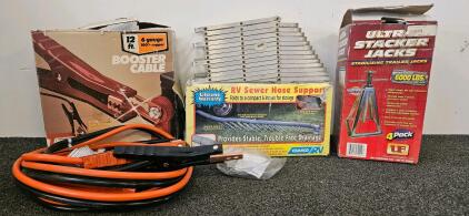 Ultra-Fab Trailer Jacks 6000 lbs, Camco RV Hose Support, 12ft 6ga Booster Cables - Lot