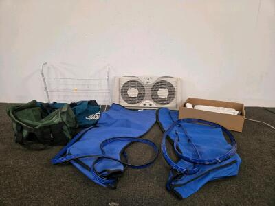 Bio Compression Systems 3045-L 4-Chamber Large Leg Compression Sleeve Set (Unable to test), Window fan (Tested), Duffle Bags, & Cowgirl Boots