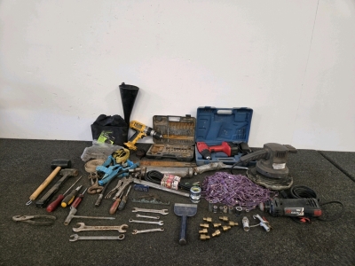 Hand Tool Lot: DeWalt XRP 18V Cordless Drill/Driver, Bare Tool, 1/2" Chuck, Heavy Duty (No Battery/Charger, Unable to Test), Orbital Buffer (Tested), Screw Drivers, Mallets, Bosch Roto Zip(Tested), & More