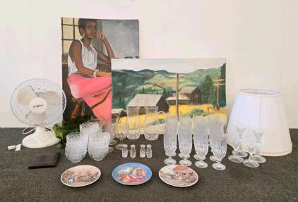 Mixed Lot: Formalities Baum Bros. Collector Plate, Vintage Glassware, Art Paintings & Decor